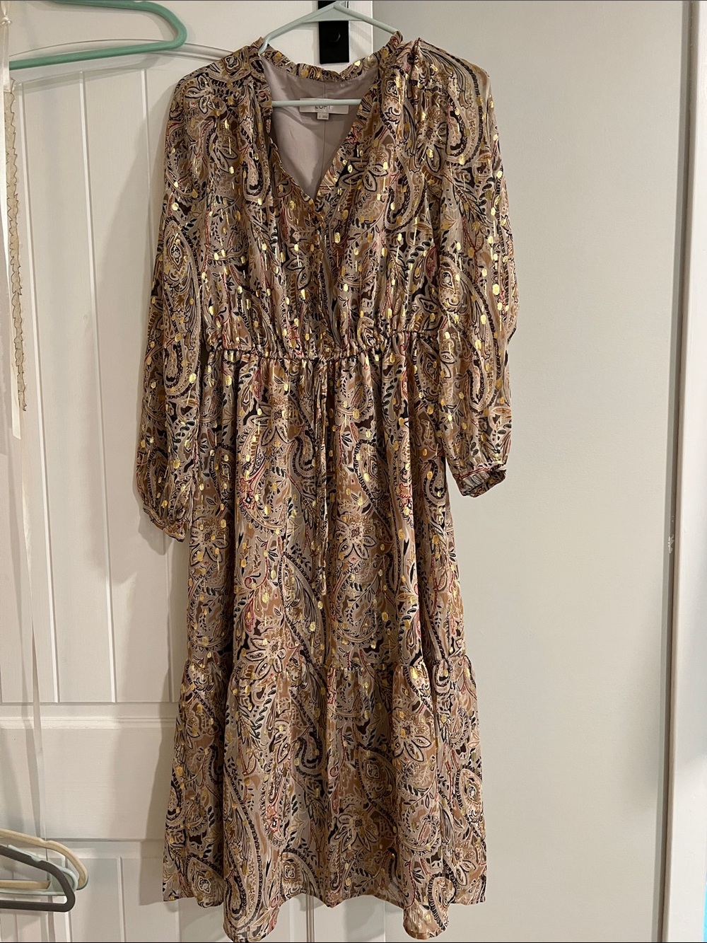 LOFT Beige Paisley Long Sleeve Midi Dress with Gold Accents
